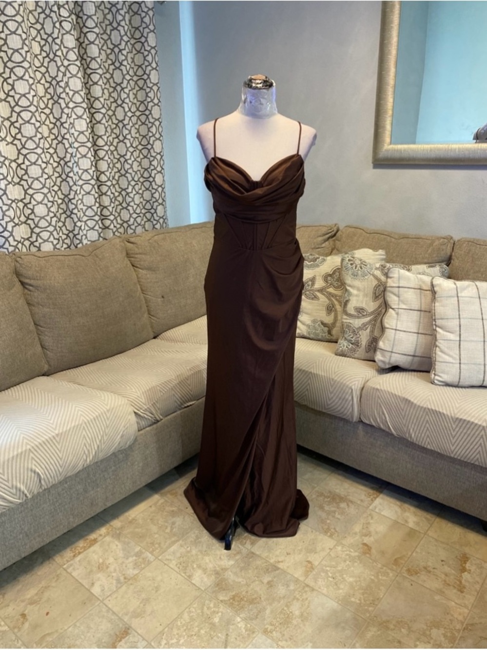 Samantha Women Large chocolate brown Corset Style formal gown with Cowl neck